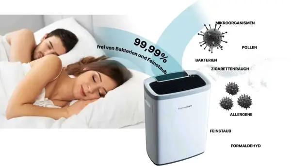 Ein Paar schläft friedlich, während ein Luftreiniger das Schlafzimmer putzen hilft, 99,99% der Bakterien und Feinstaub zu entfernen.